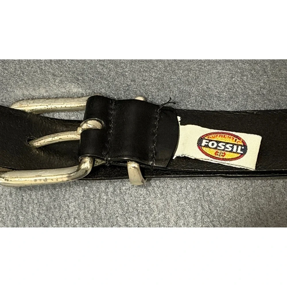 Fossil Mens Black sz 38 Genuine Leather Belt Silver Buckle Metal Tip Western